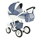 Детская коляска Adamex Barletta New 2 в 1 универсальная цвет B52 синий, белая кожа, принт
