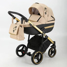 Детская коляска Adamex Cortina Special Edition 3 в 1 цвет CT-452 Светло-бежевый/чёрная кожа/рама золото